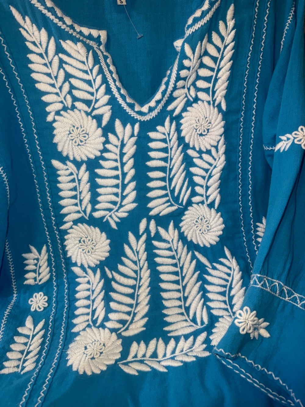 Teal Embroidered Boho Tunic with White Floral Stitching